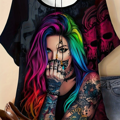 0XL-9XL Women's Plus Size Rainbow Punk Tattoo T-Shirt- Edgy Rebellious Full-Body Digital Print, Round Neck Short Sleeve Top Suitable for Concerts, Festivals& Casual Wear- Machine Washable Punk Aesthetic T-Shirt(Tattooed with