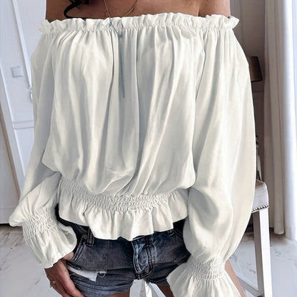 Chic Off Shoulder Ruffle Trim Blouse - Soft Micro Elastic Polyester Fabric, Shirred Details, Solid Color, Casual Long Sleeve Top for Women - Perfect for Spring, Fall, and Summer