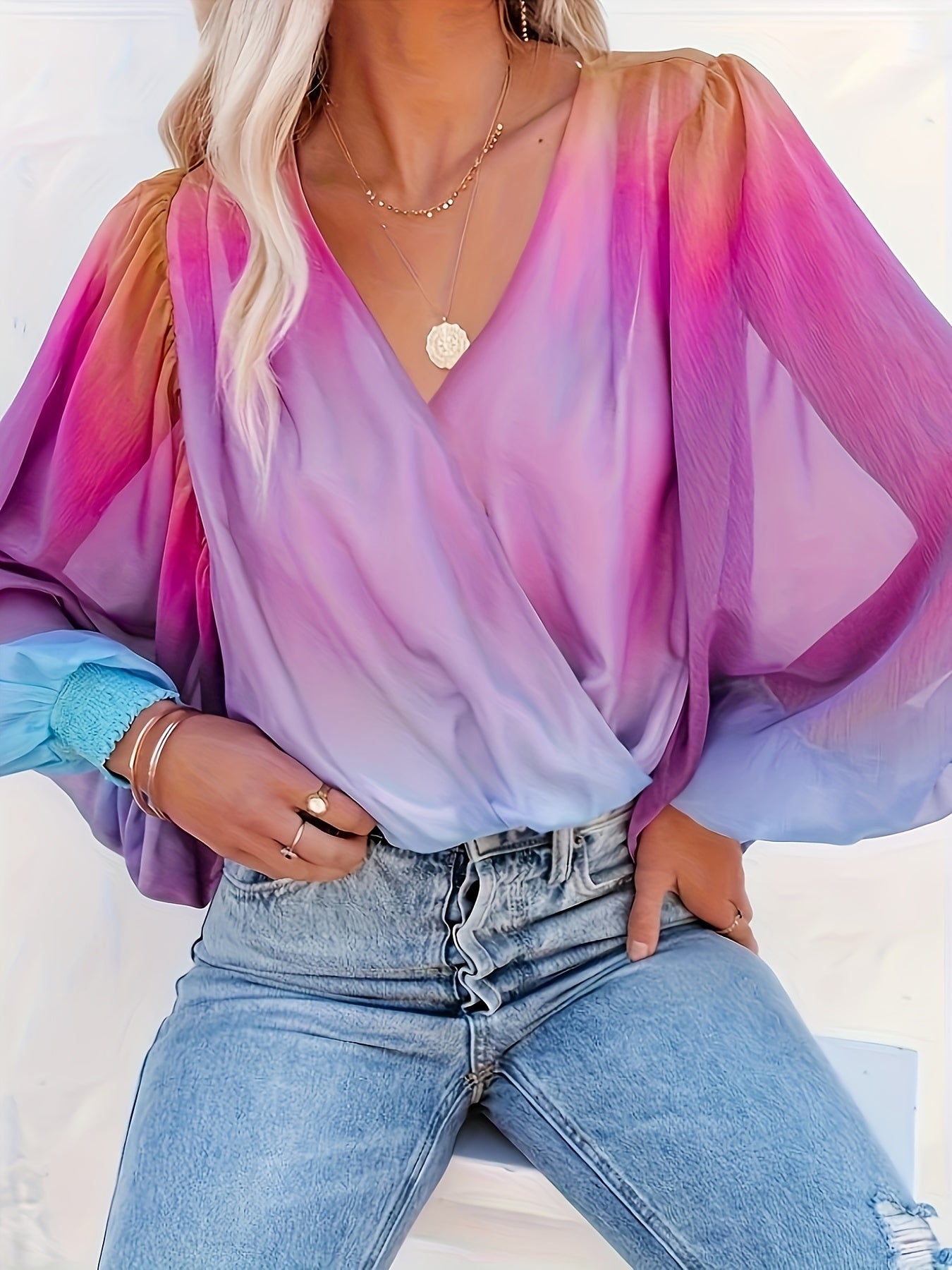 Gradient Color V-neck Loose Blouse, Versatile Lantern Sleeve Blouse For Spring & Fall, Women's Clothing