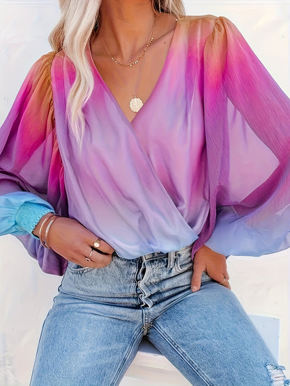 Gradient Color V-neck Loose Blouse, Versatile Lantern Sleeve Blouse For Spring & Fall, Women's Clothing