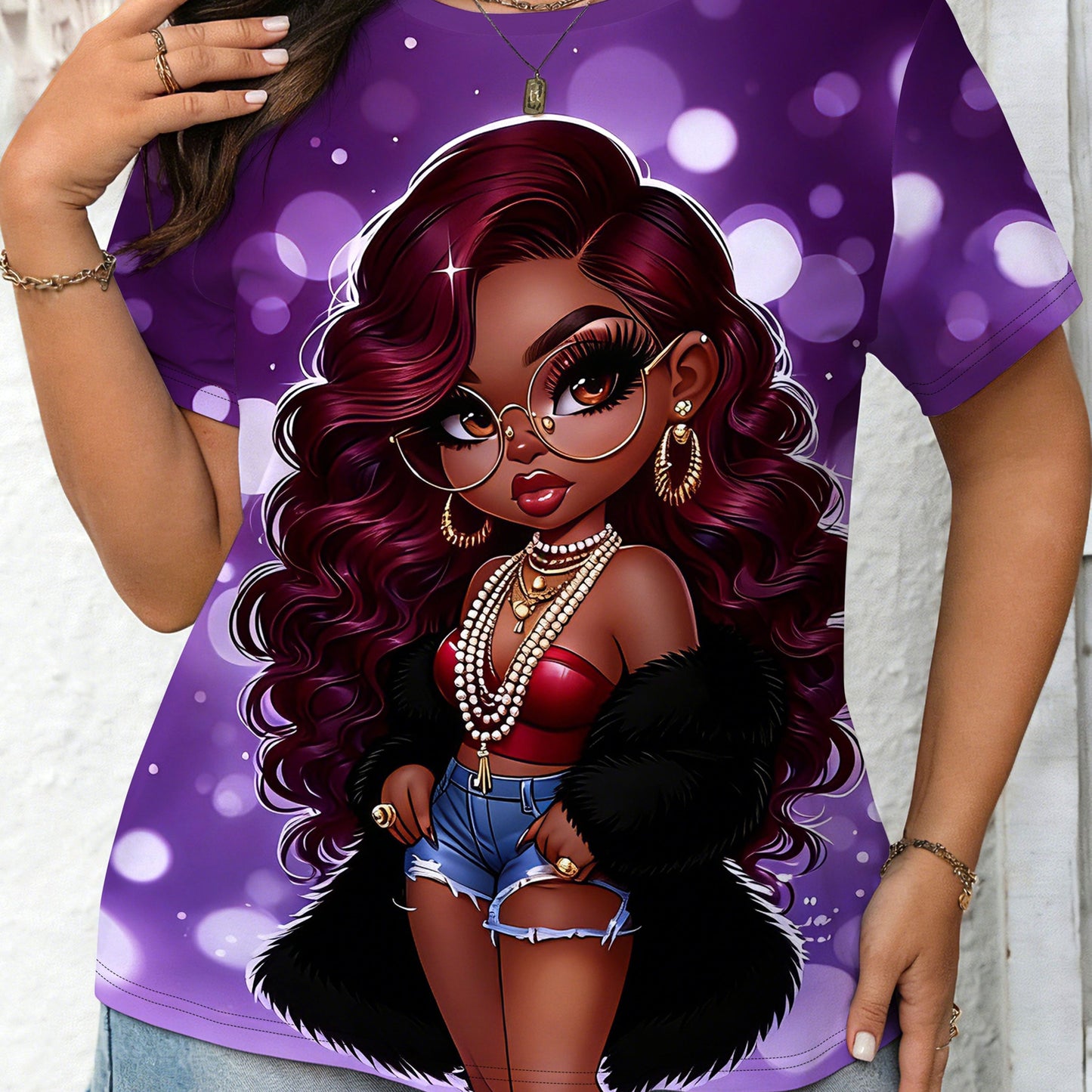 Plus-size Women'S T-shirt in Purple Tones | Trendy and Cool Style, Fully Printed, Crew Neck, Short Sleeves, Soft and Comfortable Fabric, Machine Washable, Suitable for Casual Wear in All Seasons or as a Gift