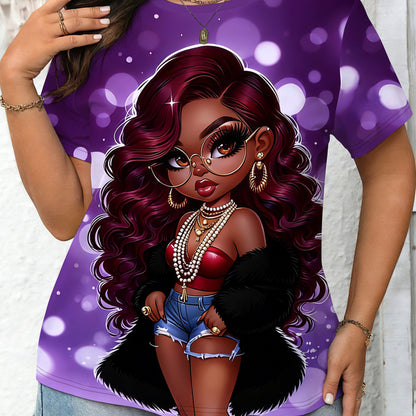 Plus-size Women'S T-shirt in Purple Tones | Trendy and Cool Style, Fully Printed, Crew Neck, Short Sleeves, Soft and Comfortable Fabric, Machine Washable, Suitable for Casual Wear in All Seasons or as a Gift