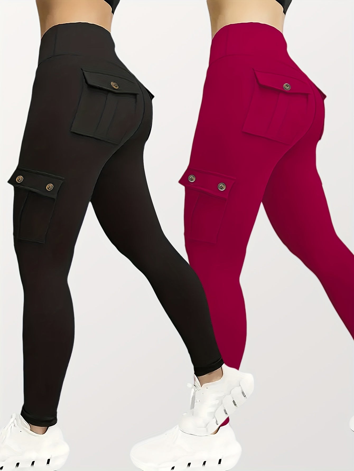 5pcs Set Women's High-Waisted Yoga Leggings with Belt Pockets & Button Closure - Full Coverage Flap Pocket Athletic Pants, Solid Color Gym Workout Running Training Suit (Black, Navy, Gray, Pink, Red) - Comfortable Machine-Was