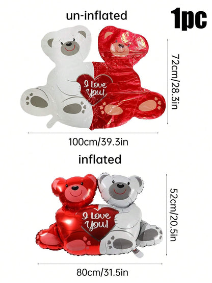 1Pc 28-Inch Valentine'S Day Teddy Bear Foil Balloon with Red Bear, White Bear Holding I Love You Heart-Shaped Pattern, Great for Valentine'S Day Decorations