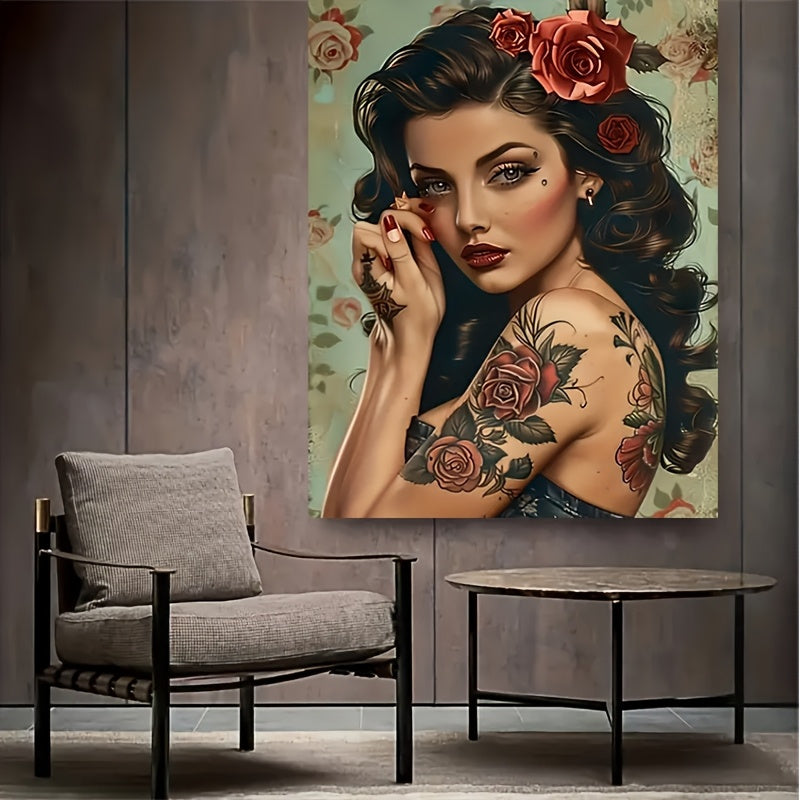 1pc with frame -Tattooed pinup rose floral art Theme Canvas Wall Art Framed Painting Clearance Sale, 2D Flat, Suitable for Halloween, Christmas, Winter and Summer, Luxury Indoor Decoration for Him/Her, Bedroom, Living Room, B