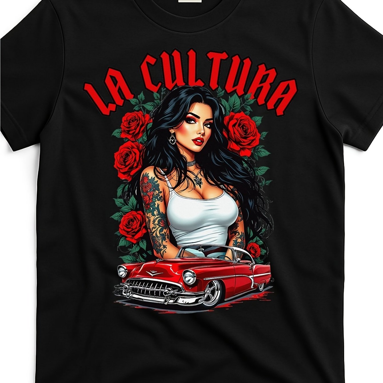 Chola Pin-Up Chicano Mexican Latina Car Show Cinco De Mayo T-Shirt. Unisex Design for 2025 Summer, Featuring Short Sleeves And Made from 220G Pure