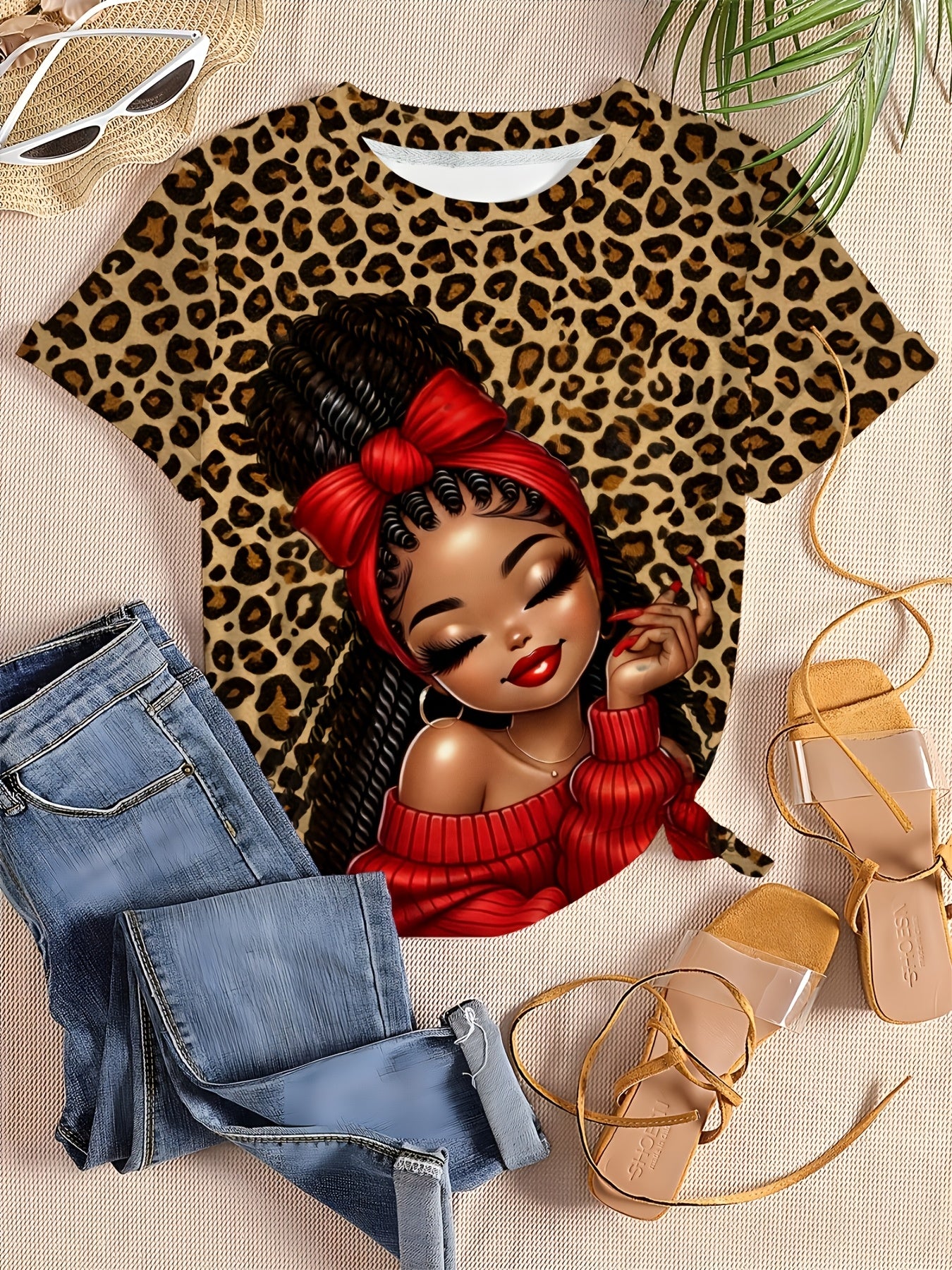 Ladies' Digital Printed Short Sleeved Shirt, Artistic Style "leopard Print Trendy " Themed Printed Short Sleeved T-shirt, Plus Size Ladies' Casual Round Neck T-shirt, The Picture Shows A Unique Style Of Trendy Image, Fully Pr