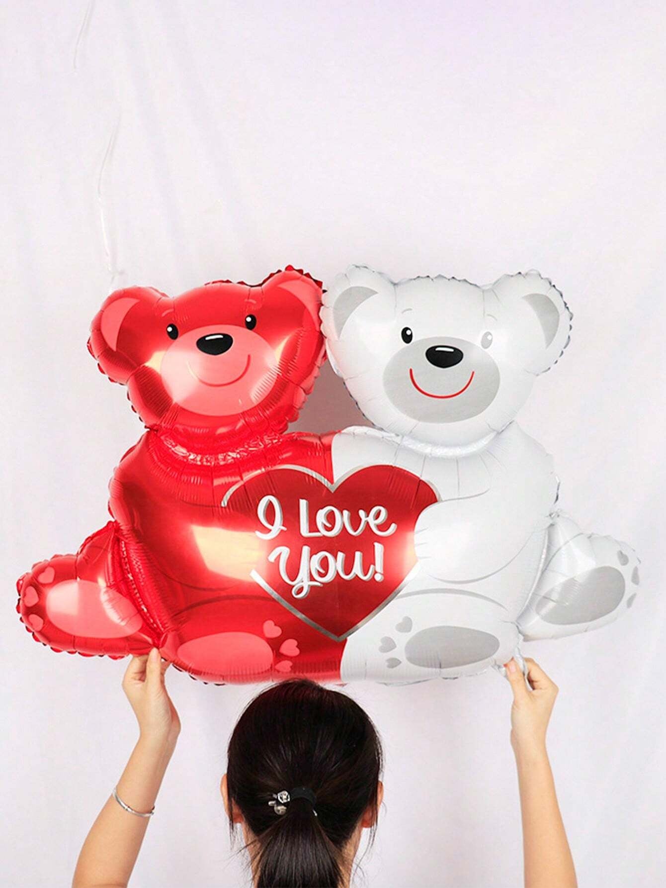 1Pc 28-Inch Valentine'S Day Teddy Bear Foil Balloon with Red Bear, White Bear Holding I Love You Heart-Shaped Pattern, Great for Valentine'S Day Decorations