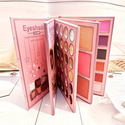 4-in-1 Large Folding Makeup Book with Eyeshadow, Blush & Highlighter - All-Day Wear Matte/Shimmery/Shimmer Powders, Full-Coverage Compact Palette Suitable for Beginners & Professionals