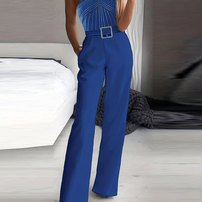 Rhinestone Embellished Wide Leg Jumpsuit - Sleeveless, Halter Neck, Slim Waist, Cut Out, Micro Elasticity, Polyester Fabric - Hand Wash, Summer Casual Wear for Women
