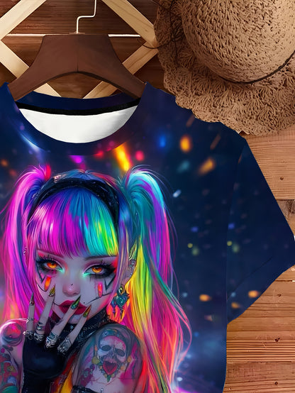 One Piece Round Neck Women'S Short Sleeved Printed T-Shirt | Full Neon Cyber Illustration, Contrasting Hairstyles, Eye-Catching, Avant-Garde Style, Trendy and Cool Attitude, Comfortable Fabric, Suitable for Spring, Summer, Au