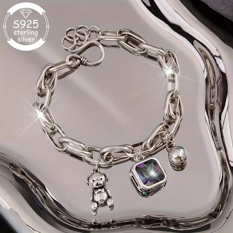 925 Silver Fashion Retro Bear Square Synthetic Zirconia Bracelet for Women- Perfect Jewelry for Daily Wear, Gifts, Music Festivals, Proposals& Back-to-School Season- The Ultimate Luxury Gift for Best Friends, Jewelry for Wome