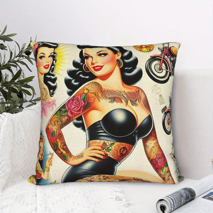 BIIHUDU Hot Tattooed Pin Up Throw Pillowcase - Vibrant Contemporary Design with Zipper Closure, Machine Washable Polyester Cushion Cover for Sofa Decor, Decorative Pillows