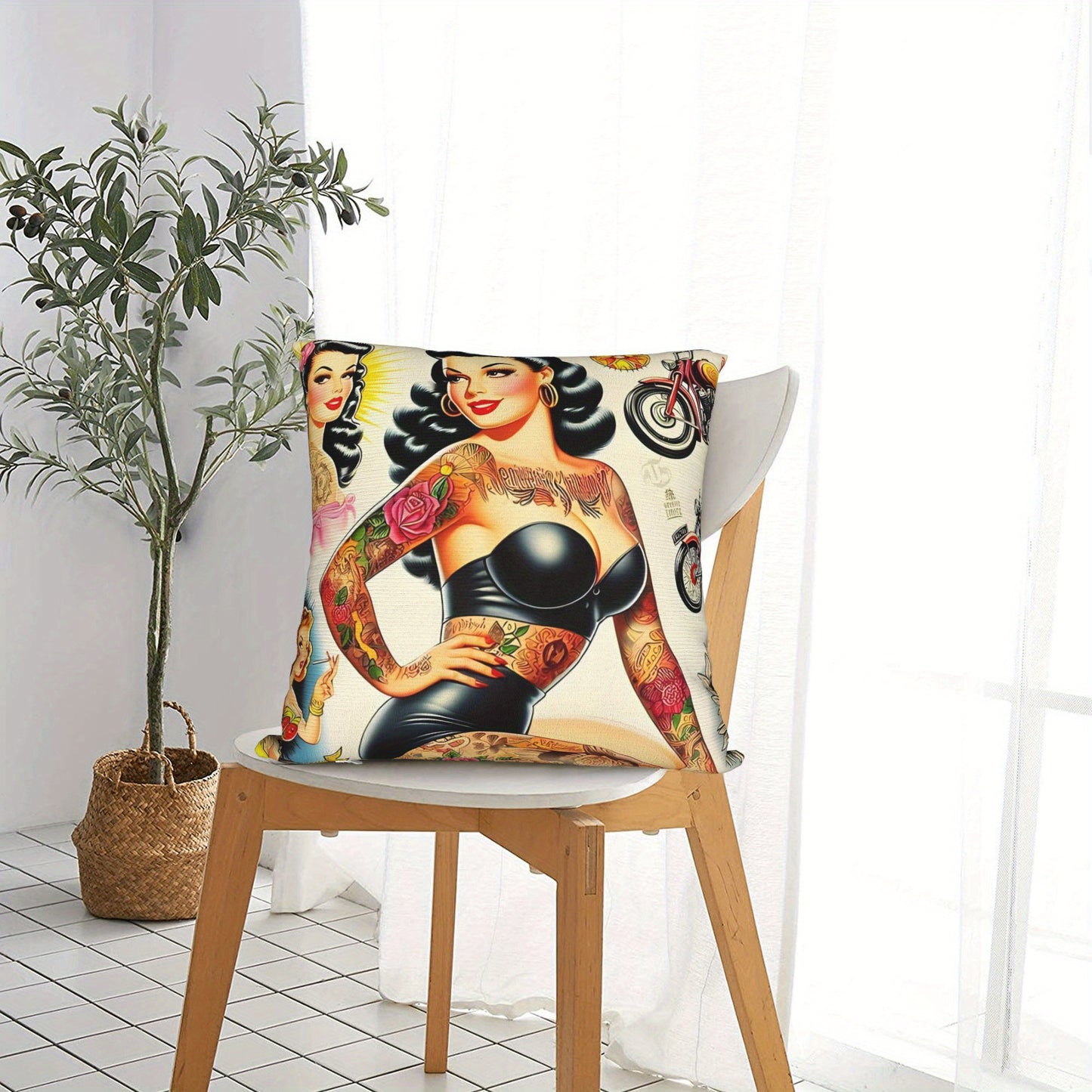 BIIHUDU Hot Tattooed Pin Up Throw Pillowcase - Vibrant Contemporary Design with Zipper Closure, Machine Washable Polyester Cushion Cover for Sofa Decor, Decorative Pillows