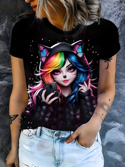 Trendy All Season Highly Recommend Black Anime Cute Angel Fashion Factory Direct Women's T-shirt New 3D Print Short Sleeve Crew Neck Casual Top for Women's Clothing Loose Short Sleeve Blouse Vintage