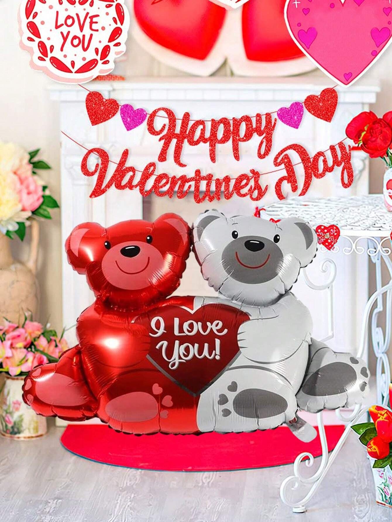 1Pc 28-Inch Valentine'S Day Teddy Bear Foil Balloon with Red Bear, White Bear Holding I Love You Heart-Shaped Pattern, Great for Valentine'S Day Decorations