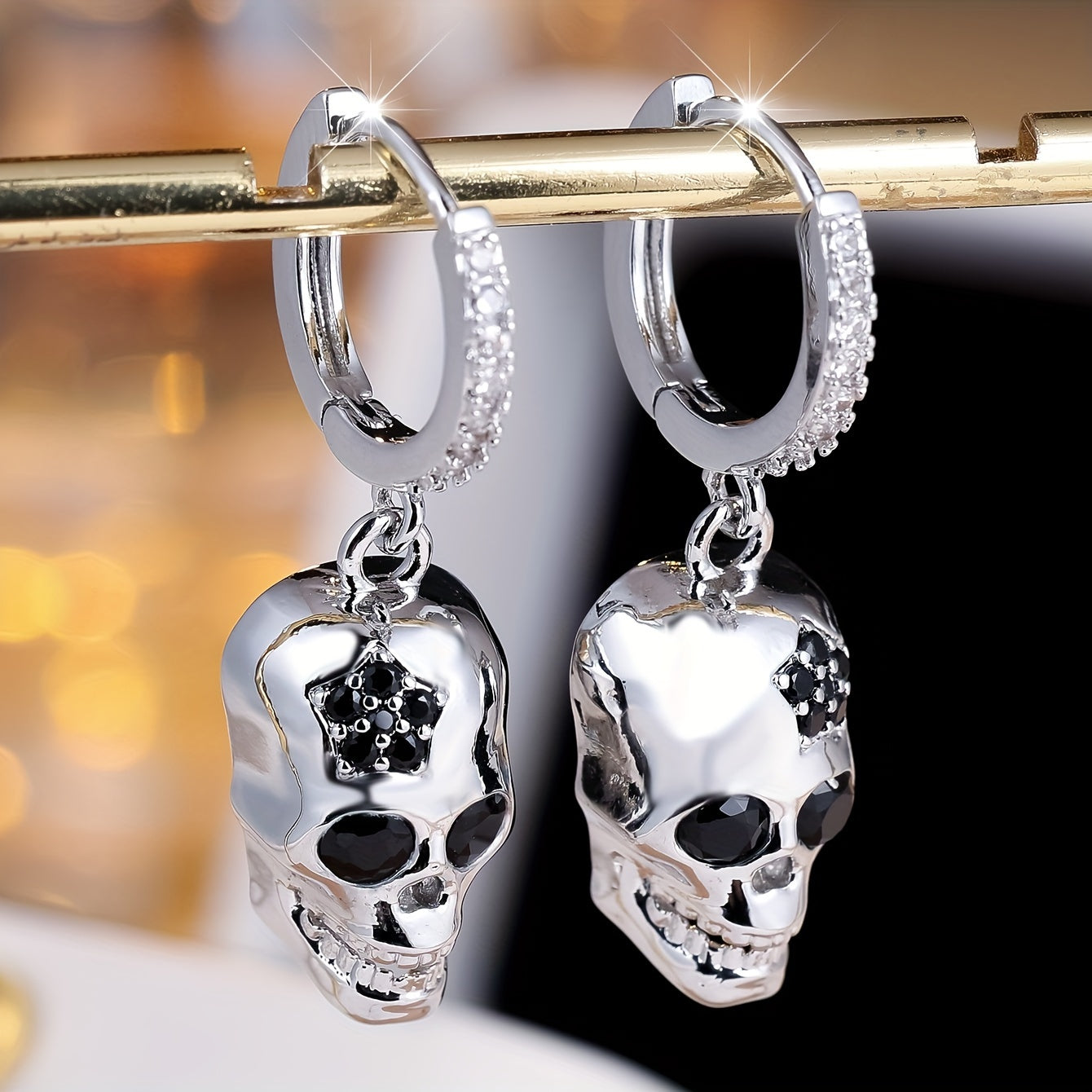 Gothic Chic Skull Dangle Earrings - Hypoallergenic Nickel-Free Copper, Sparkling Cubic Synthetic Zirconia Accents, Perfect for Halloween Parties, Casual Daily Wear, and Goth Fashion Enthusiasts