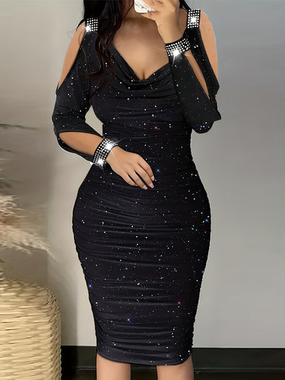 Hot-fix Rhinestone Embellished Swing Neckline Bodycon Dress