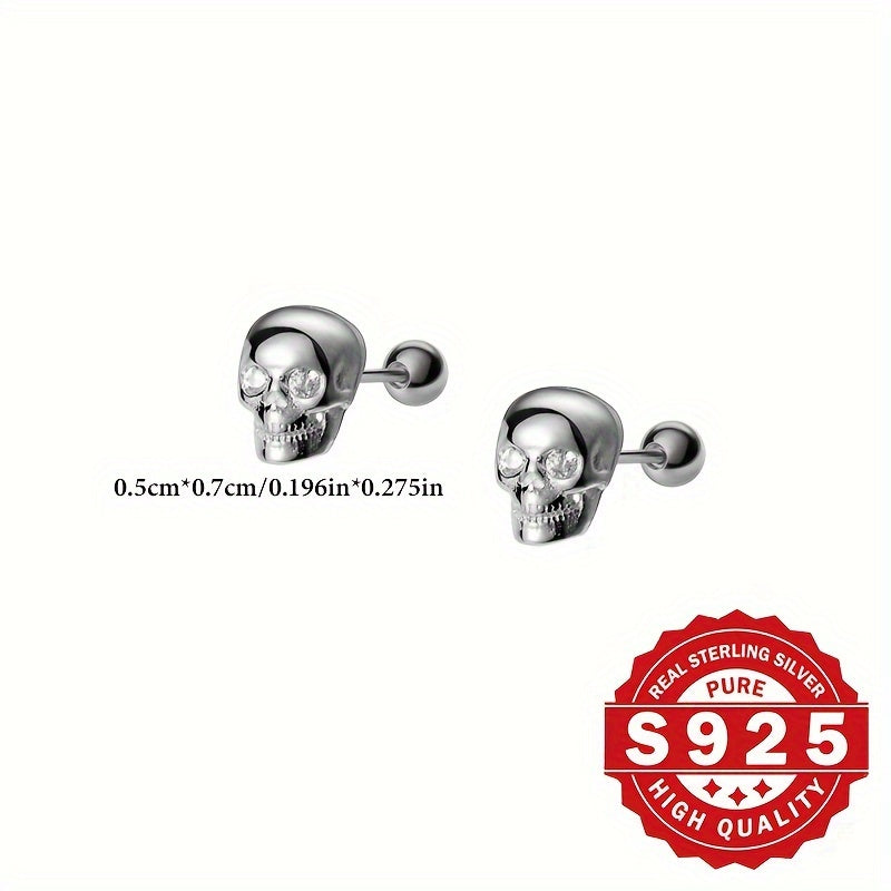A Set of Skull-Shaped Earrings Made from S925 Sterling Silver, Featuring a Spiral Design And Adorned with Synthetic Zirconia. These Stylish And Timeless Earrings Are Perfect for Halloween And Are Designed to Minimize Allergic