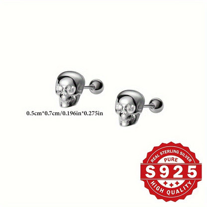 A Set of Skull-Shaped Earrings Made from S925 Sterling Silver, Featuring a Spiral Design And Adorned with Synthetic Zirconia. These Stylish And Timeless Earrings Are Perfect for Halloween And Are Designed to Minimize Allergic