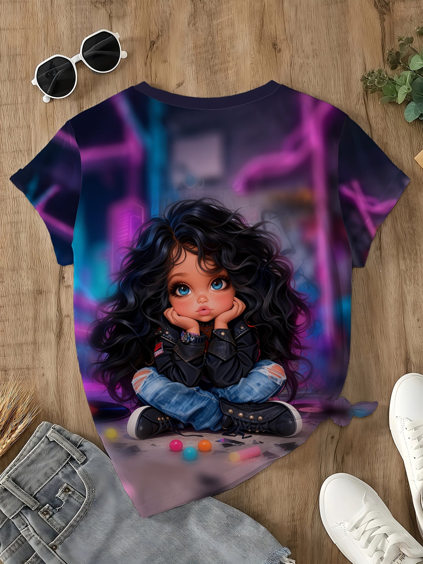 Women's Neon Cyberpunk T-Shirt - Anime Manga Style with Kawaii Chibi Character & Text - Soft Beige-Friendly Fabric Short Sleeve Round Neck Tee for, Casual Wear & Pop Culture Fans