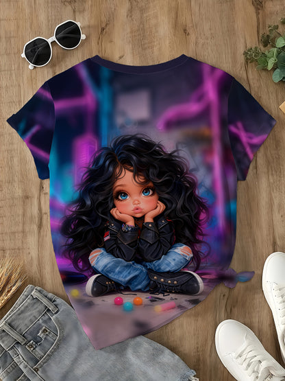 Women's Neon Cyberpunk T-Shirt - Anime Manga Style with Kawaii Chibi Character & Text - Soft Beige-Friendly Fabric Short Sleeve Round Neck Tee for, Casual Wear & Pop Culture Fans