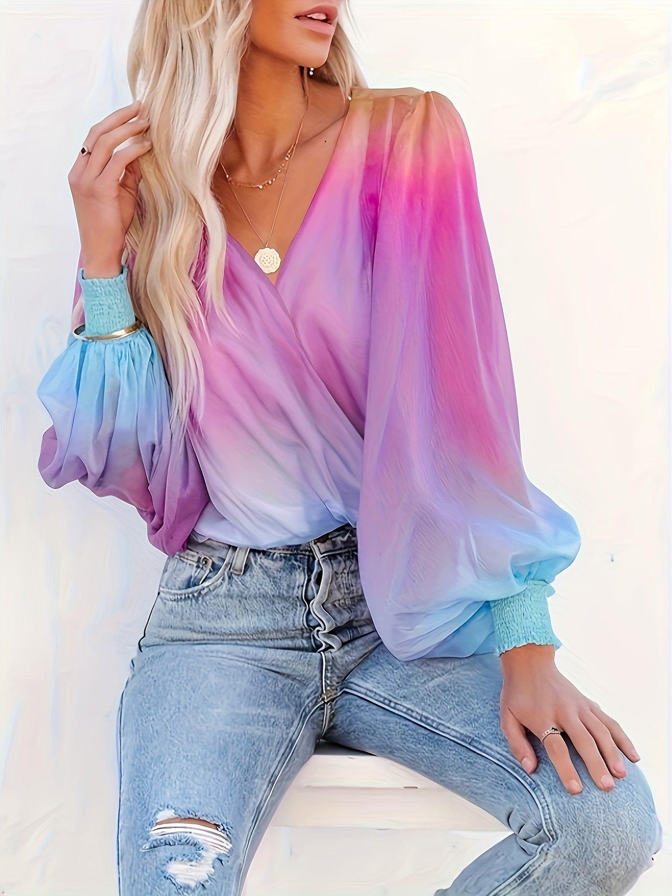 Gradient Color V-neck Loose Blouse, Versatile Lantern Sleeve Blouse For Spring & Fall, Women's Clothing