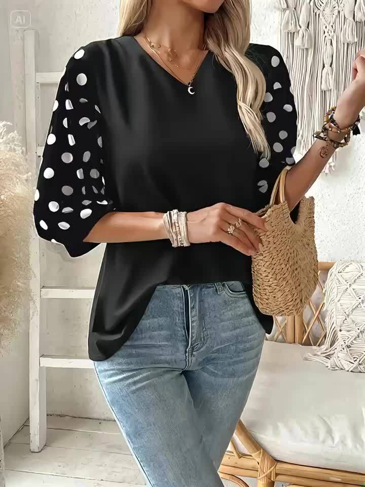 [Elegant Blouse] Lightweight Breathable Plus Size Women's Elegant V-Neck Blouse | Black & White Polka Dot Contrast Sleeve Top, Machine Washable Spring Summer Casual & Formal Shirt