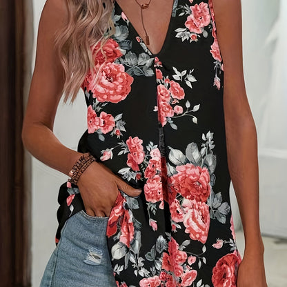 Chic Floral Print V-Neck Blouse - Stylish Sleeveless Top for Spring & Summer - Breathable Casual Wear for Women