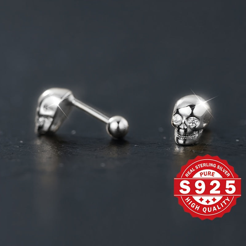 A Set of Skull-Shaped Earrings Made from S925 Sterling Silver, Featuring a Spiral Design And Adorned with Synthetic Zirconia. These Stylish And Timeless Earrings Are Perfect for Halloween And Are Designed to Minimize Allergic