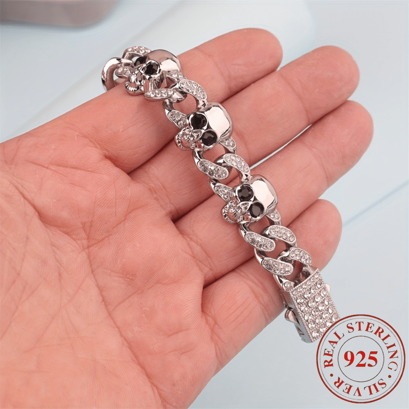 1pc 925 Silver Punk-Style Skull Bracelet | Gothic Jewelry, Avant-Garde Universal Design, Halloween Accessory, Creative Skull Pattern, Durable, Suitable for Party and Banquet Occasions