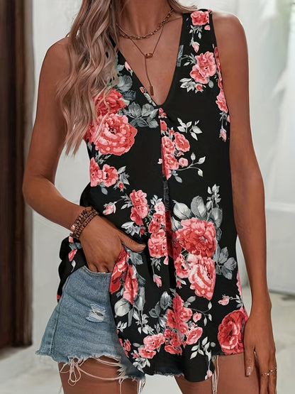 Chic Floral Print V-Neck Blouse - Stylish Sleeveless Top for Spring & Summer - Breathable Casual Wear for Women