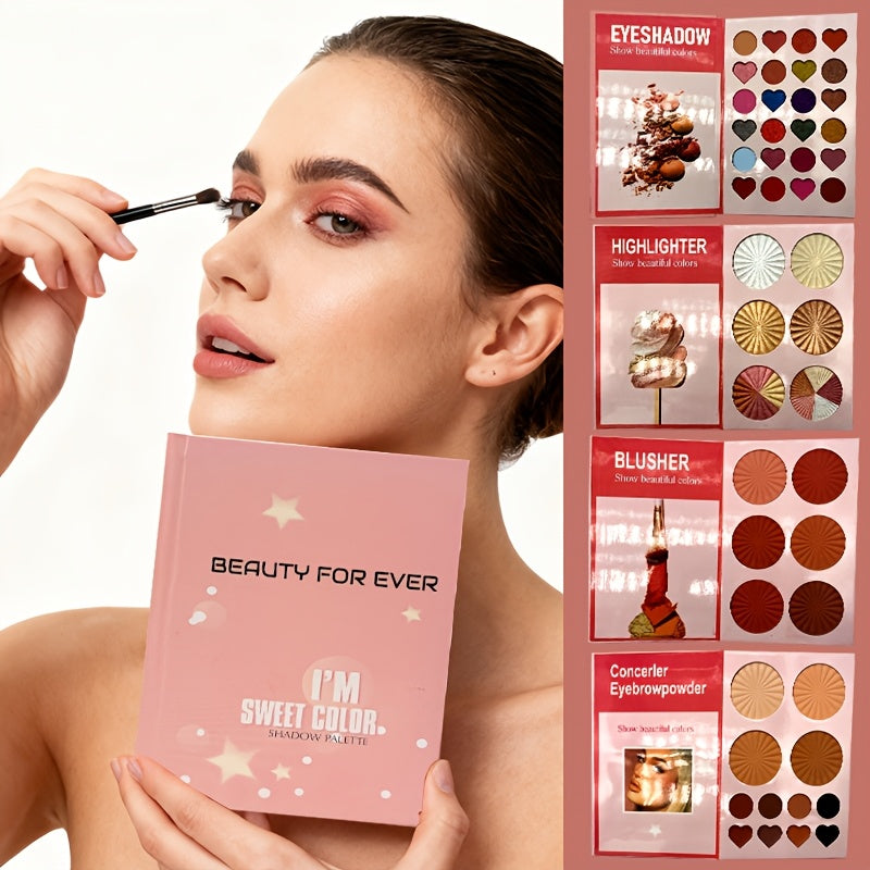 4 Pages Super Full Color Makeup In One Plate Powder Star Book Eyeshadow Plate Containing Eyeshadow + Highlights + Blush + EyebrowMagnetic Eyelashes Eyelash Curler, Lip Liner, Eyelash Clusters, Eyebrow Pencil, Hand Sanitizer S