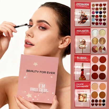 4 Pages Super Full Color Makeup In One Plate Powder Star Book Eyeshadow Plate Containing Eyeshadow + Highlights + Blush + EyebrowMagnetic Eyelashes Eyelash Curler, Lip Liner, Eyelash Clusters, Eyebrow Pencil, Hand Sanitizer S
