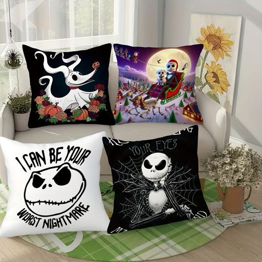 4pcs Disney Nightmare Before Christmas Jack Skellington & Zero Throw Pillow Covers - Official Halloween & Christmas Decorations, Zipper Closure Cushion Cases for Living Room, Bedroom, - No Insert Needed, Machine Washable Poly