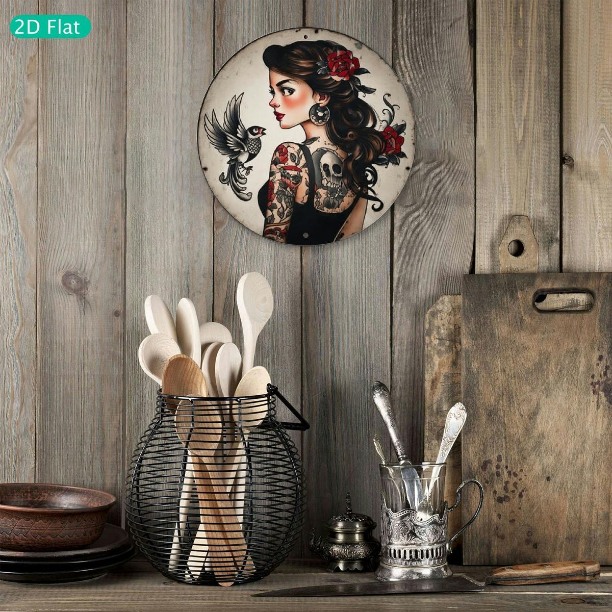 2D Flat, 1pc  Style Tattoo Metal Wall Art Sign - 8x8 Inch Round Aluminum Decoration, Featuring Bold Female and Skull Designs, Red Roses and Birds - Easy to Hang, Durable and Unique - Perfect for Bars, Courtyards, Offices, and