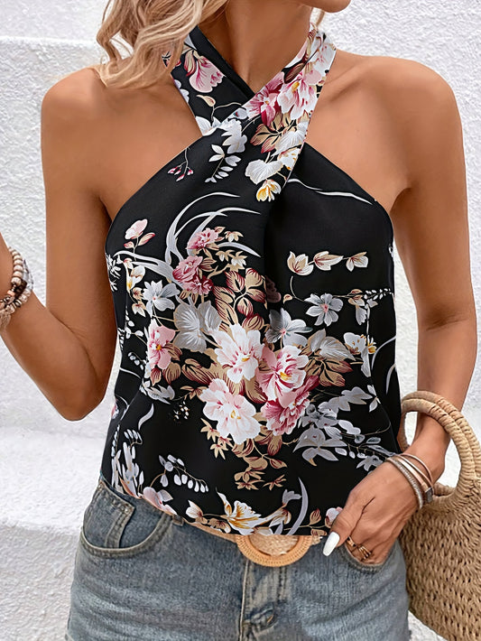 Vibrant Floral Print Blouse - Stylish Cross Halter Neckline, Sleeveless, Flowy Loose Fit - Perfect for Spring and Summer Outfits, Womens Comfortable Clothing
