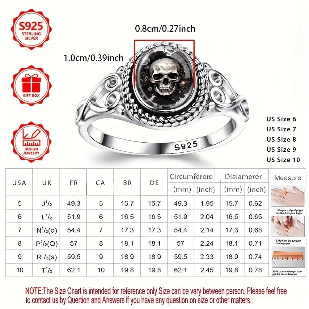 Silvery ring, stylish skull rose, black and white gothic bohemian engagement and wedding jewelry, oval shape, everyday gift, jewelry for all seasons | bohemian ring | durable metal ring, for Teenager