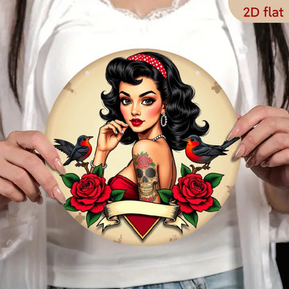 2D Flat - 1pc 2D Flat Pin-up Girl 7.8X7.8 Round Aluminum Sign | Skull Tattoo, Bird and Roses Metal Tin Sign - Bandana Rustic Metal Wall Art, Art Deco Style, Wall Decor for Home, Garage, Dining Room, Cafe, Perfect for Room