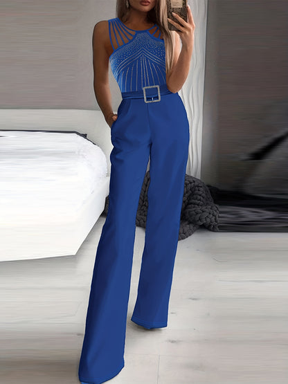 Rhinestone Embellished Wide Leg Jumpsuit - Sleeveless, Halter Neck, Slim Waist, Cut Out, Micro Elasticity, Polyester Fabric - Hand Wash, Summer Casual Wear for Women