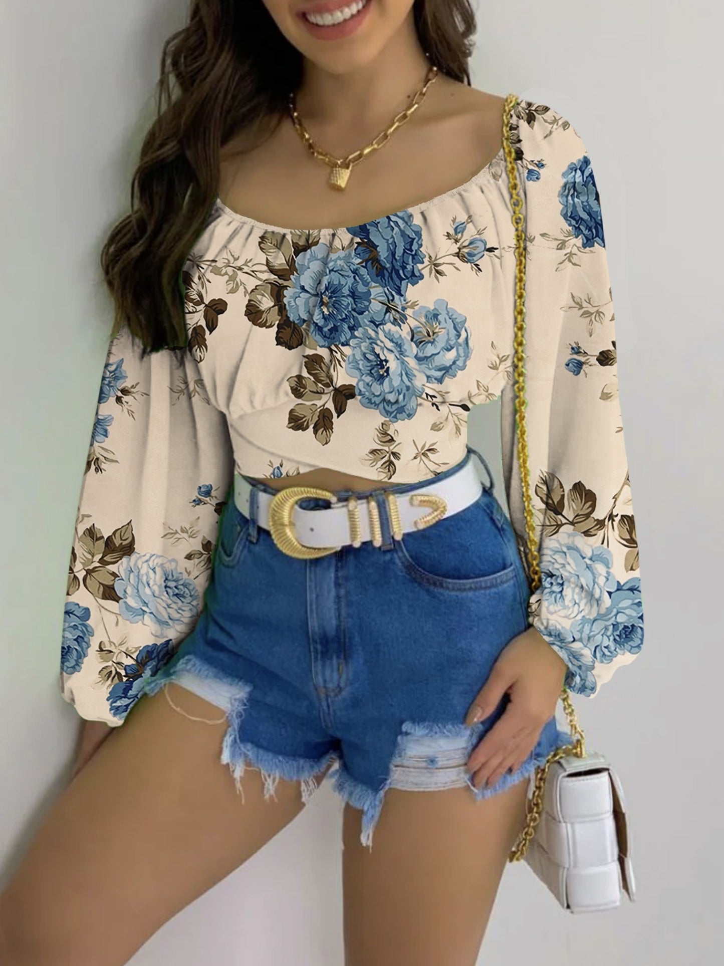 Flora Print Off Shoulder Crop Blouse, Elegant Tie Back Lantern Sleeve Blouse For Spring & Fall, Women's Clothing