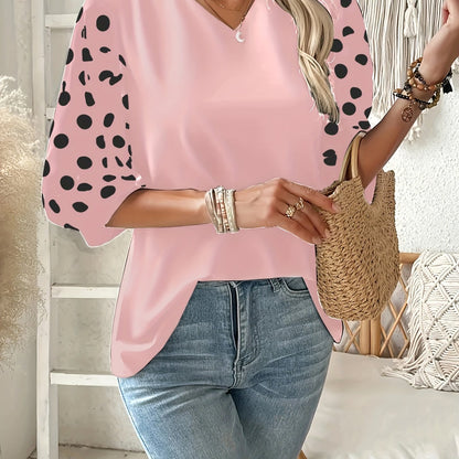[Elegant Blouse] Lightweight Breathable Plus Size Women's Elegant V-Neck Blouse | Black & White Polka Dot Contrast Sleeve Top, Machine Washable Spring Summer Casual & Formal Shirt