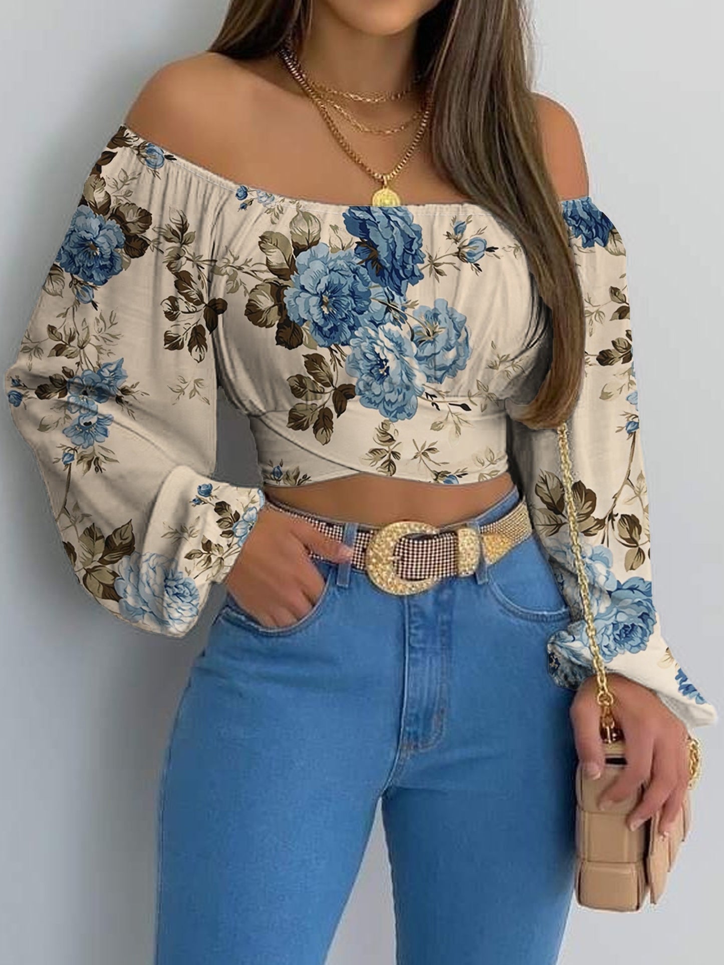 Flora Print Off Shoulder Crop Blouse, Elegant Tie Back Lantern Sleeve Blouse For Spring & Fall, Women's Clothing