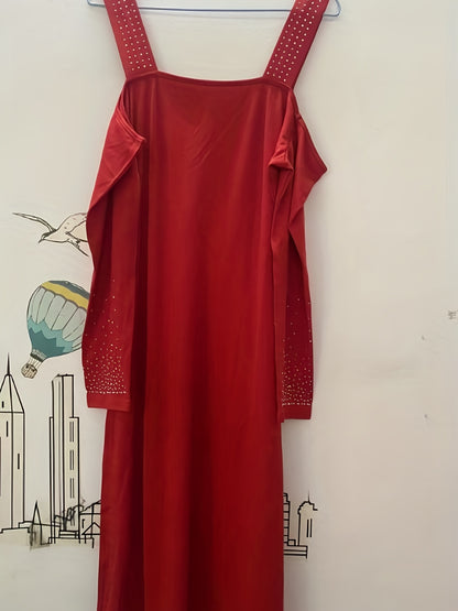 [Elegant Rhinestone Dress] Rhinestone Cold Shoulder Dress, Elegant Long Sleeve Split Dress, Women's Clothing