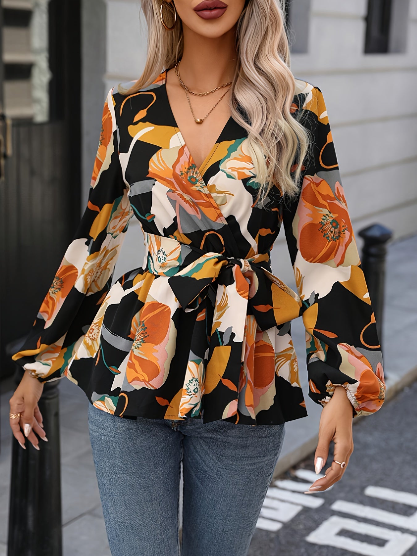 Floral Print Surplice Neck Blouse, Elegant Tie Waist Lantern Sleeve Blouse For Spring & Fall, Women's Clothing
