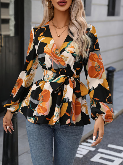 Floral Print Surplice Neck Blouse, Elegant Tie Waist Lantern Sleeve Blouse For Spring & Fall, Women's Clothing