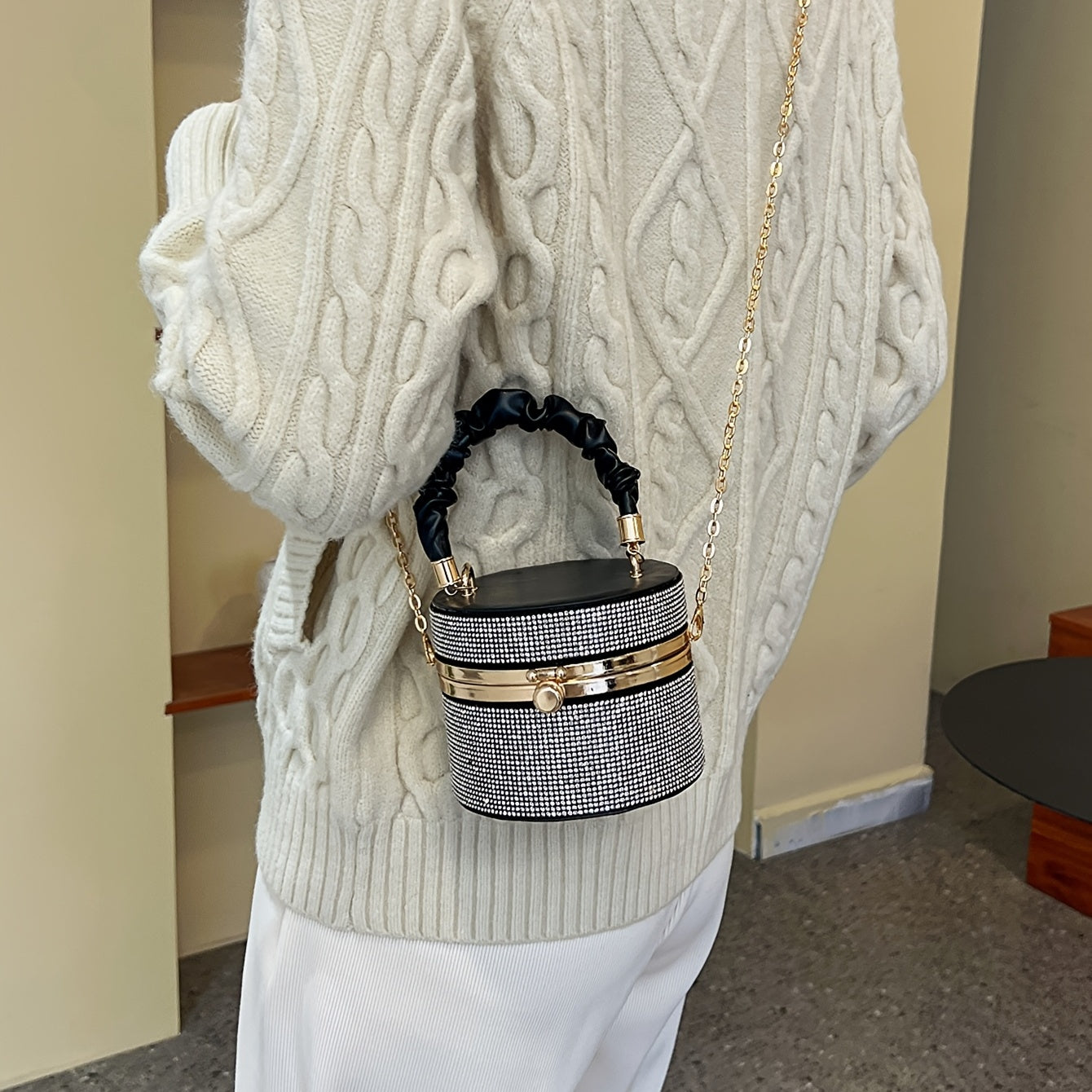 Mini Allover Rhinestone Handbag, Ruched Detail Evening Bucket Bag, Stylish Chain Shoulder Purse For Party (3.9*4.7*4.7) Inch - Rhinestone & Chain Detail - Perfect for Evening Events & Parties - Ideal Gift for Women -  For Car