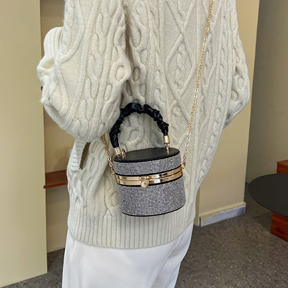 Mini Allover Rhinestone Handbag, Ruched Detail Evening Bucket Bag, Stylish Chain Shoulder Purse For Party (3.9*4.7*4.7) Inch - Rhinestone & Chain Detail - Perfect for Evening Events & Parties - Ideal Gift for Women -  For Car