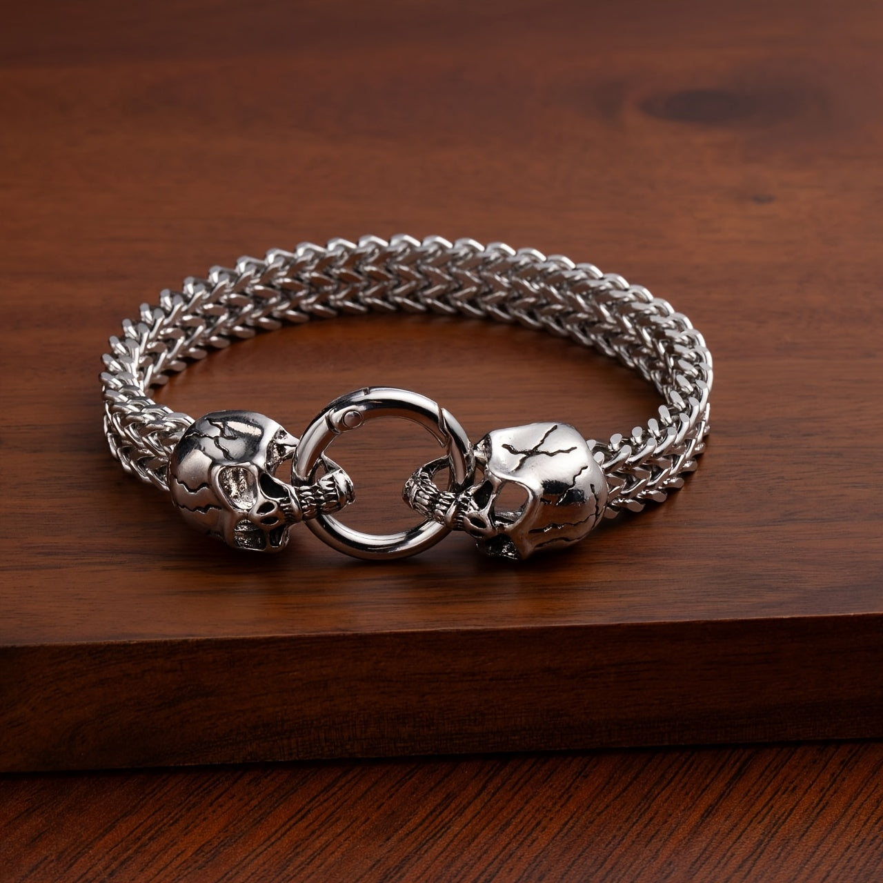 304 Stainless Steel Nordic Double Skull Cuban Chain Bracelet - Retro Punk Hip Hop Rock Jewelry for Men, Durable Polished Finish, Versatile for Daily Wear & Parties, Perfect Gift for Valentine's Day, Father's Day, Graduation,