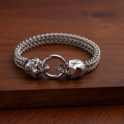 304 Stainless Steel Nordic Double Skull Cuban Chain Bracelet - Retro Punk Hip Hop Rock Jewelry for Men, Durable Polished Finish, Versatile for Daily Wear & Parties, Perfect Gift for Valentine's Day, Father's Day, Graduation,